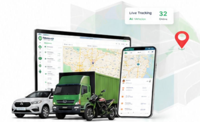Nirbhoy GPS live tracking — dashboard on desktop and mobile with fleet vehicles